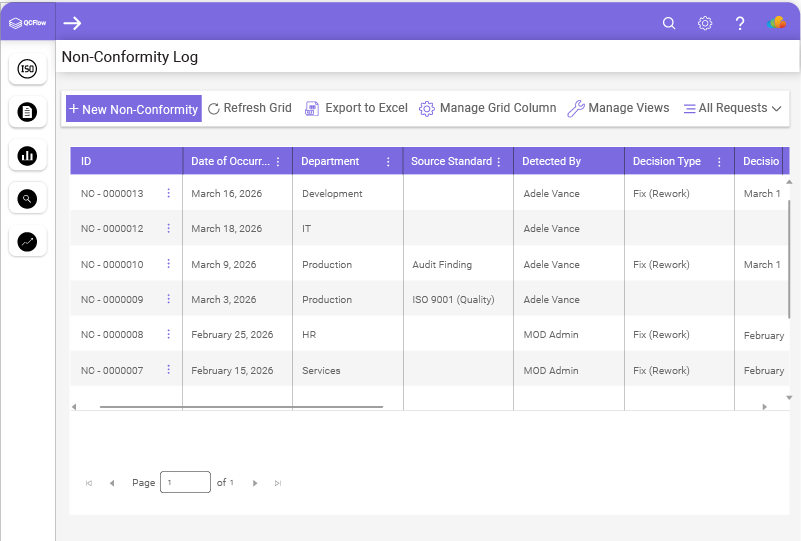 Document control interface for nonconformance records