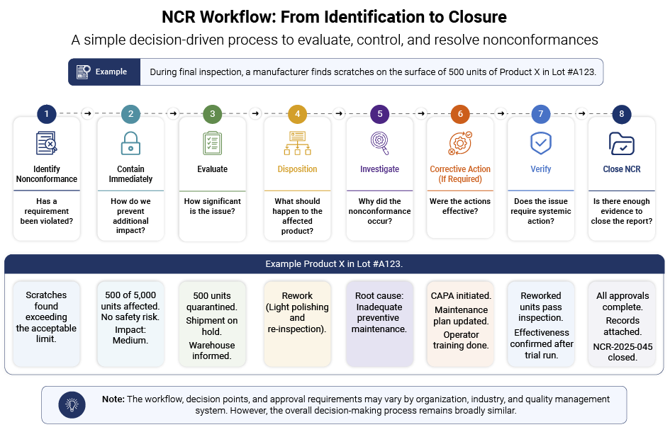 Nonconformance Report (NCR) workflow infographic illustrating the process from nonconformance identification and investigation to disposition, root cause analysis, corrective actions, verification, and closure.