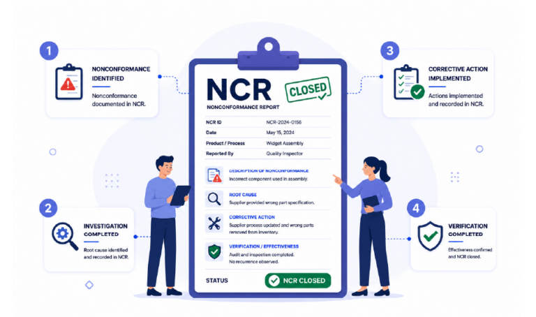 Nonconformance Report (NCR) guide covering key components, examples, reporting steps, and common mistakes in quality management.