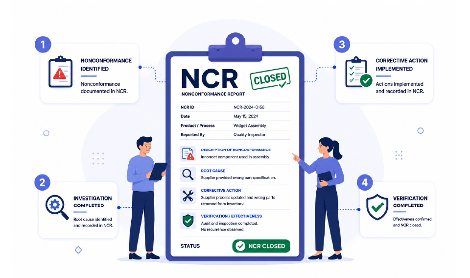 Nonconformance Report (NCR) guide covering key components, examples, reporting steps, and common mistakes in quality management.