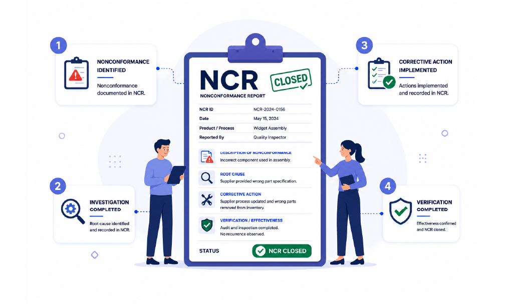 Nonconformance Report (NCR) guide covering key components, examples, reporting steps, and common mistakes in quality management.