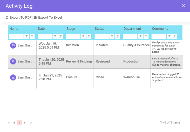 Dedicated Activity Log